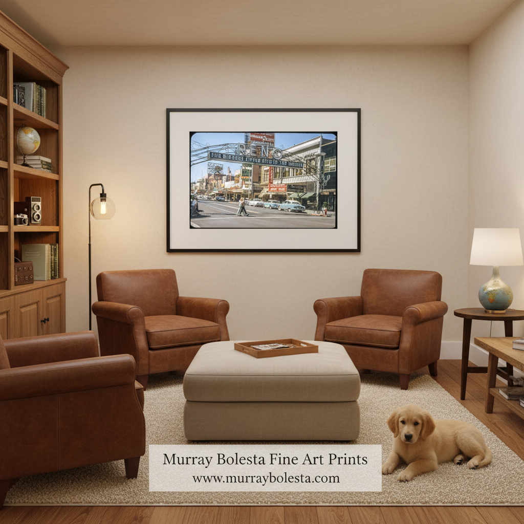 A framed art print depicting a city street scene with vintage cars and buildings, displayed on a beige wall in a cozy living room setting with two brown leather armchairs, a cream ottoman, a wooden bookshelf, and a small golden puppy lying on the rug. A text banner at the bottom reads 'Murray Bolesta Fine Art Prints www.