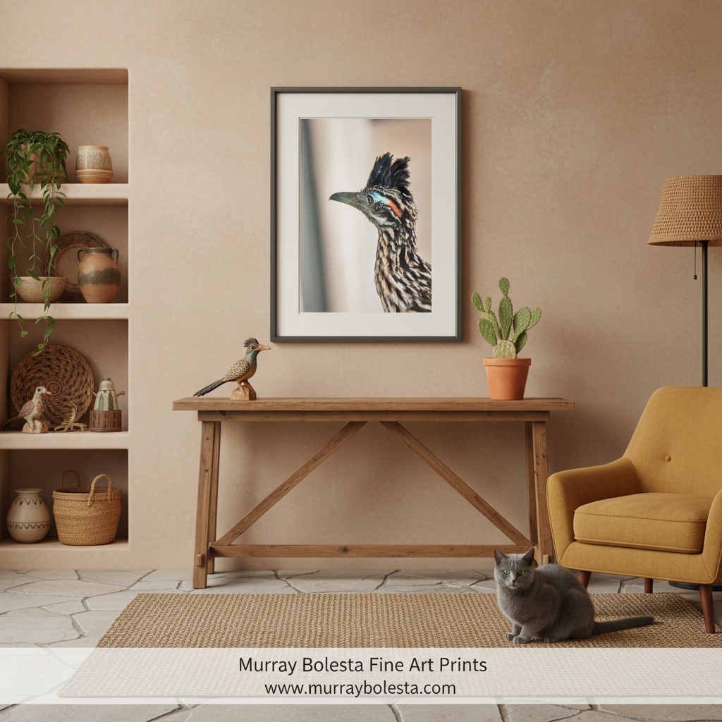 Roadrunner bird by Murray Bolesta. A framed art print of a bird of prey is displayed on a beige wall above a wooden console table in a styled living room setting with a yellow armchair, potted plant, and a gray cat on the floor.