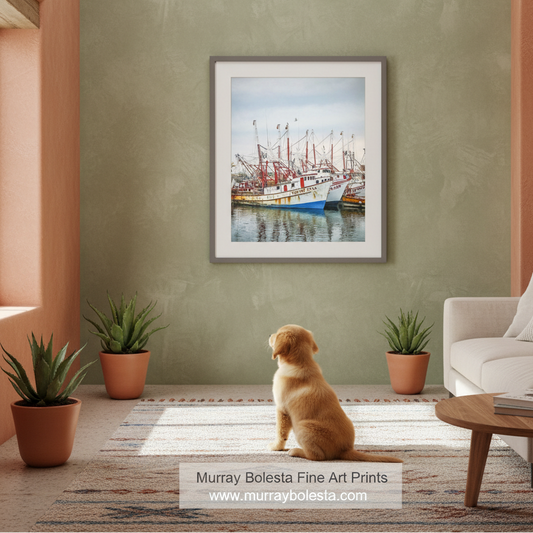 Rocky Point Mexico by Murray Bolesta! A framed art print depicting fishing boats in a harbor hangs on a textured sage green wall in a styled living room. A small golden retriever sits on the floor looking at the print.