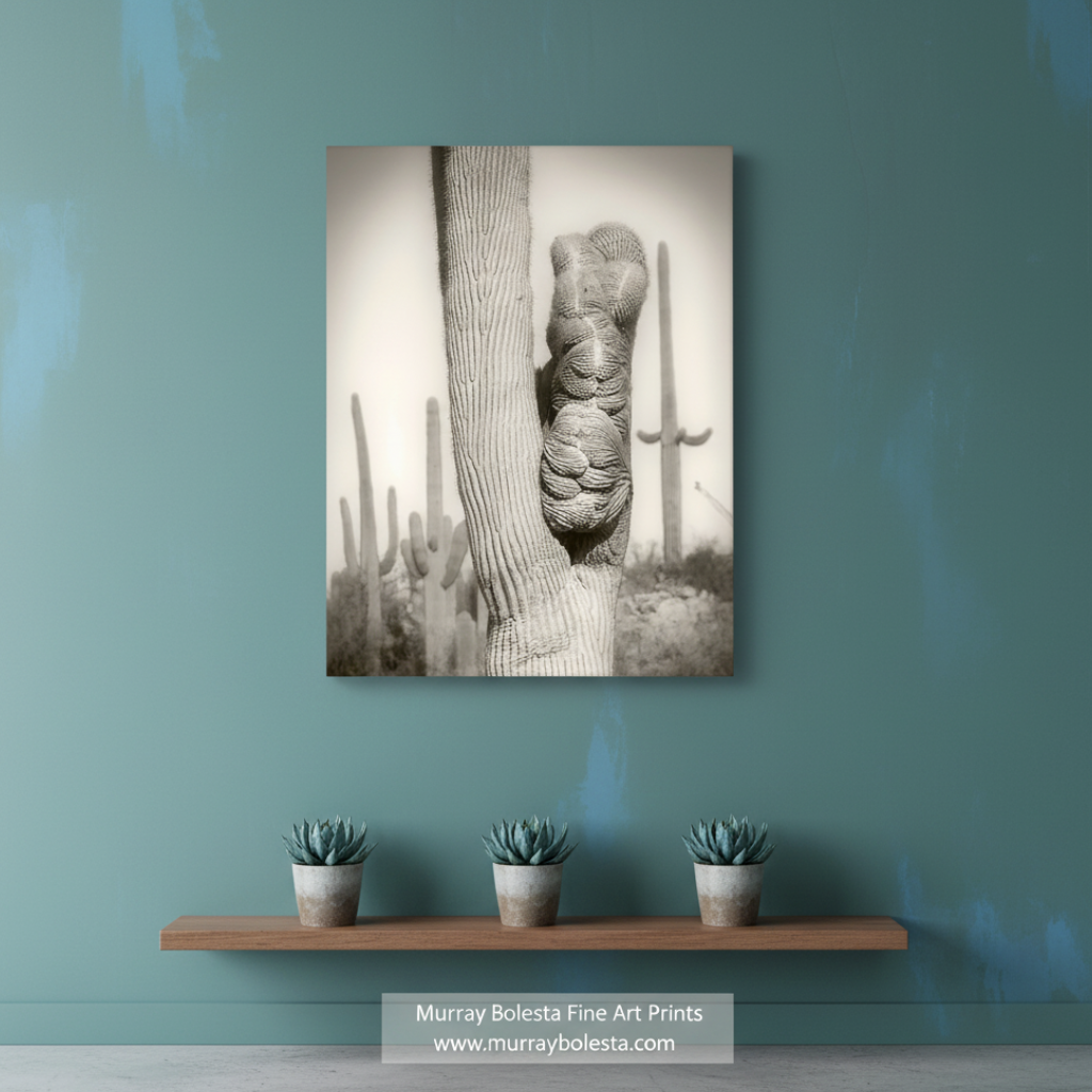A black and white photograph of a cactus with a carved face, standing in a desert landscape with other cacti in the background. Crested Cactus Artwork as Tucson Arizona Desert Wall Decor by Murray Bolesta