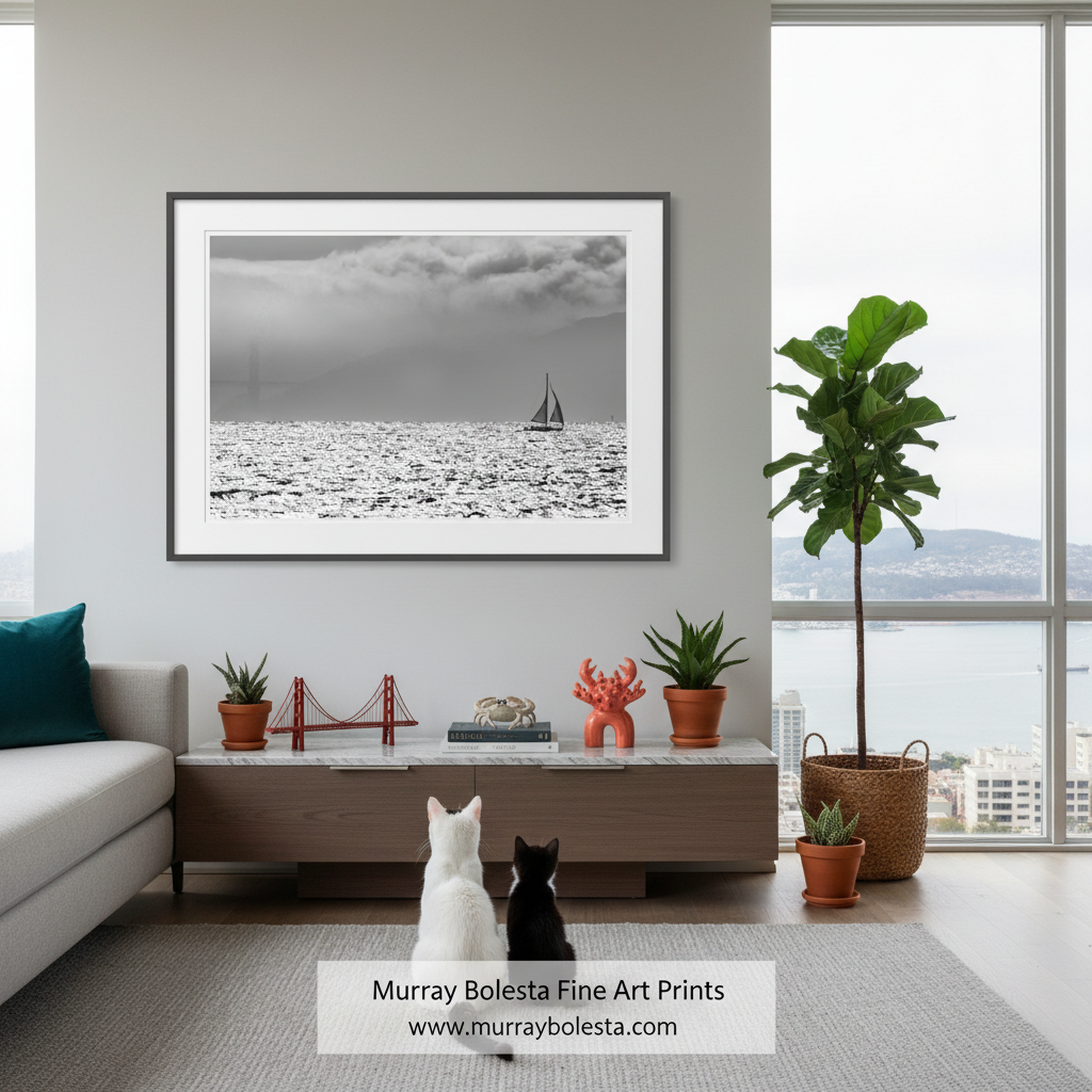 A lone sailboat glides across the choppy waters, with a cloudy sky overhead and the Golden Gate Bridge visible in the distance. Bay Area Sailing Art | Black and White Sailboat Photo Gift for Home by Murray Bolesta!