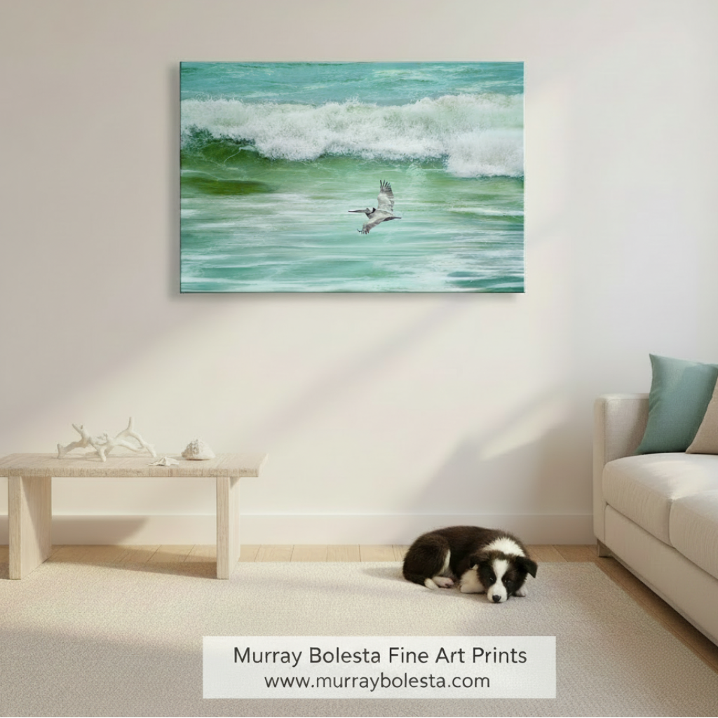 A pelican soars above the ocean waves, its wings spread wide as it glides effortlessly through the air. Pelican in Flight Art | San Diego Beach Seabird Framed Print by Murray Bolesta!