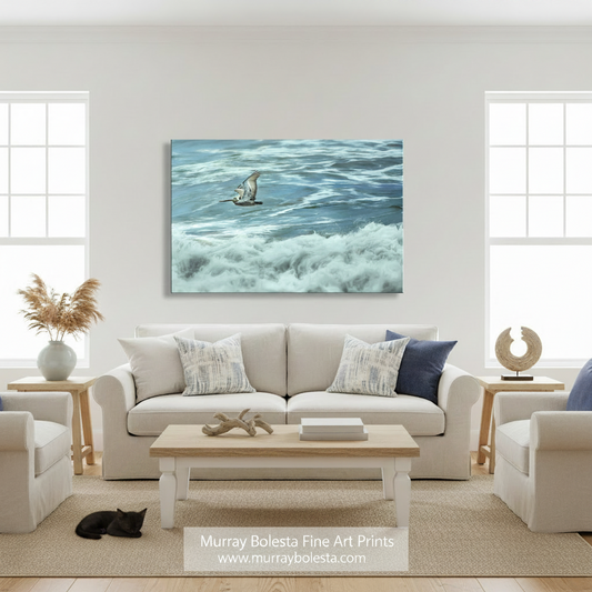 A seagull soars above the crashing waves of the ocean, its wings spread wide as it glides effortlessly above the foamy water. Flying Pelican Art | Pacific Ocean San Diego California Print by Murray Bolesta