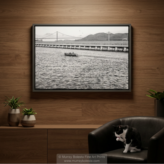 San Francisco Bay rowing art print in black & white by Murray Bolesta