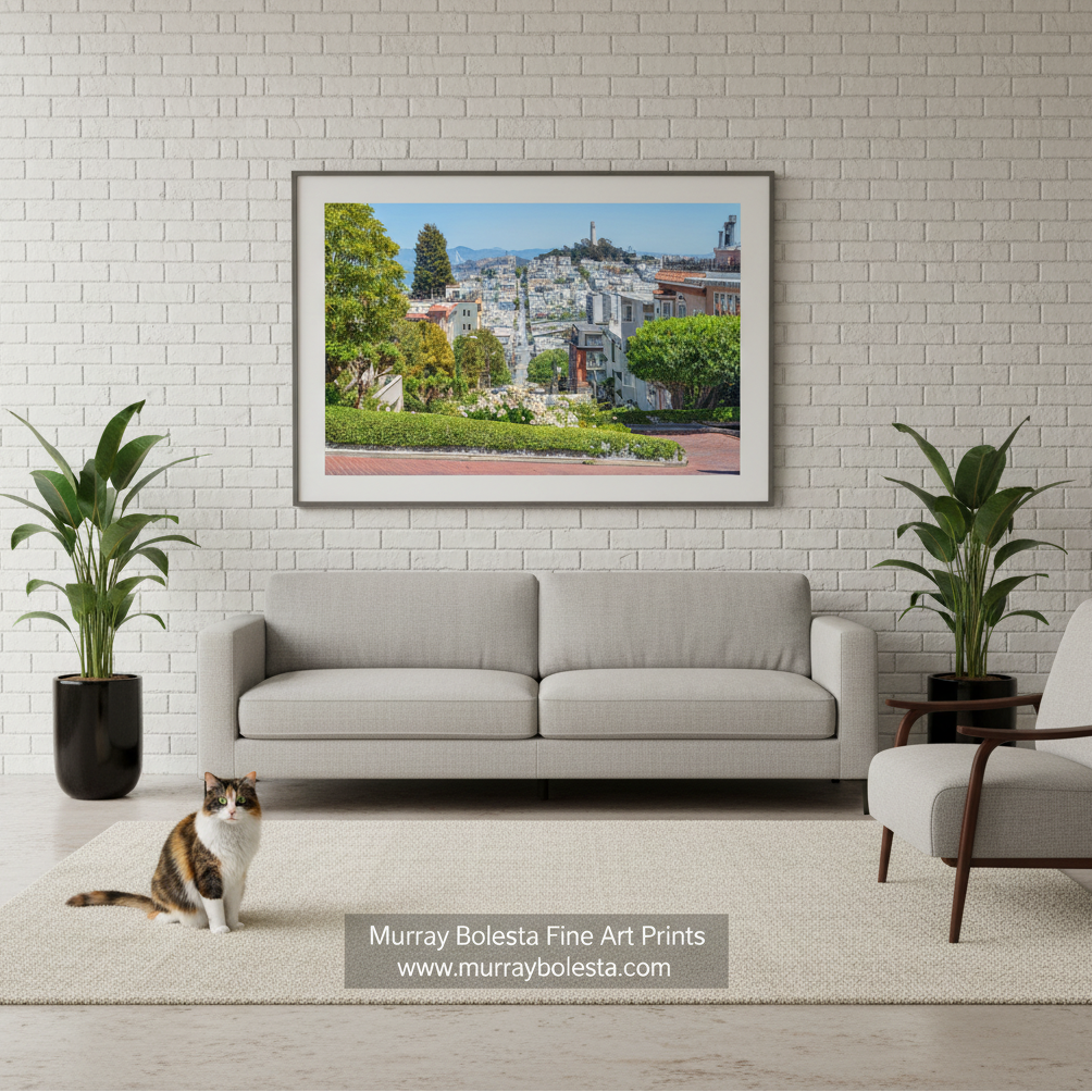 San Francisco Lombard Street by Murray Bolesta! A framed art print of a scenic hillside town with green trees and blue sky, displayed on a white brick wall above a light gray sofa in a modern living room. A cat sits on the rug in the foreground, and a plant is on each side.