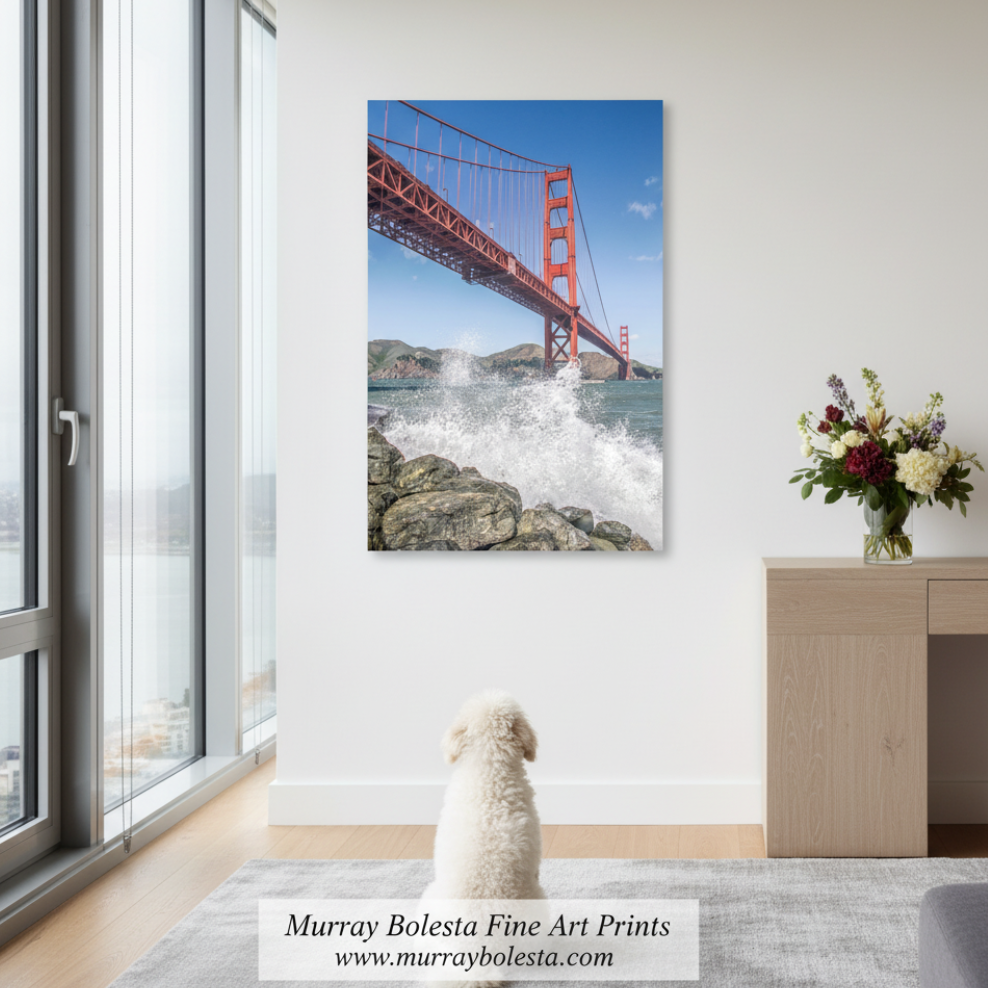 a large suspension bridge spanning over a body of water, with waves crashing against the rocks below. Golden Gate Bridge Presidio Fort Point Ocean Waves Art Print by Murray Bolesta!