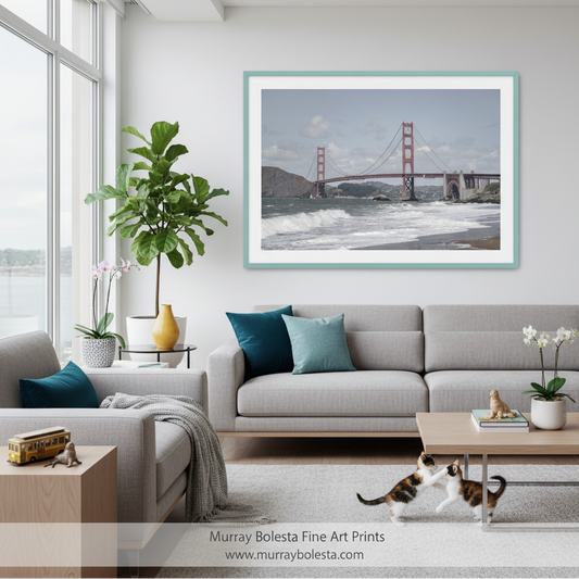 a large suspension bridge spanning over a body of water, with waves crashing on the shore in the foreground. Baker Beach San Francisco Golden Gate Bridge Sailing Art Print by Murray Bolesta!