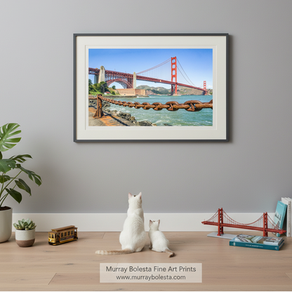 the iconic Golden Gate Bridge spanning the San Francisco Bay, with its distinctive red towers and suspension cables. The bridge is shown from a distance, providing a panoramic view of this famous landmark.Fort Point San Francisco with Golden Gate Bridge | Presidio Art by Murray Bolesta!