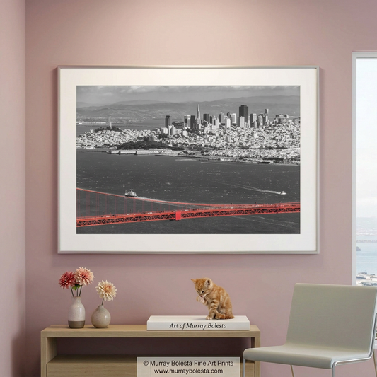 San Francisco skyline artwork with Golden Gate and boats in bay, by Murray Bolesta