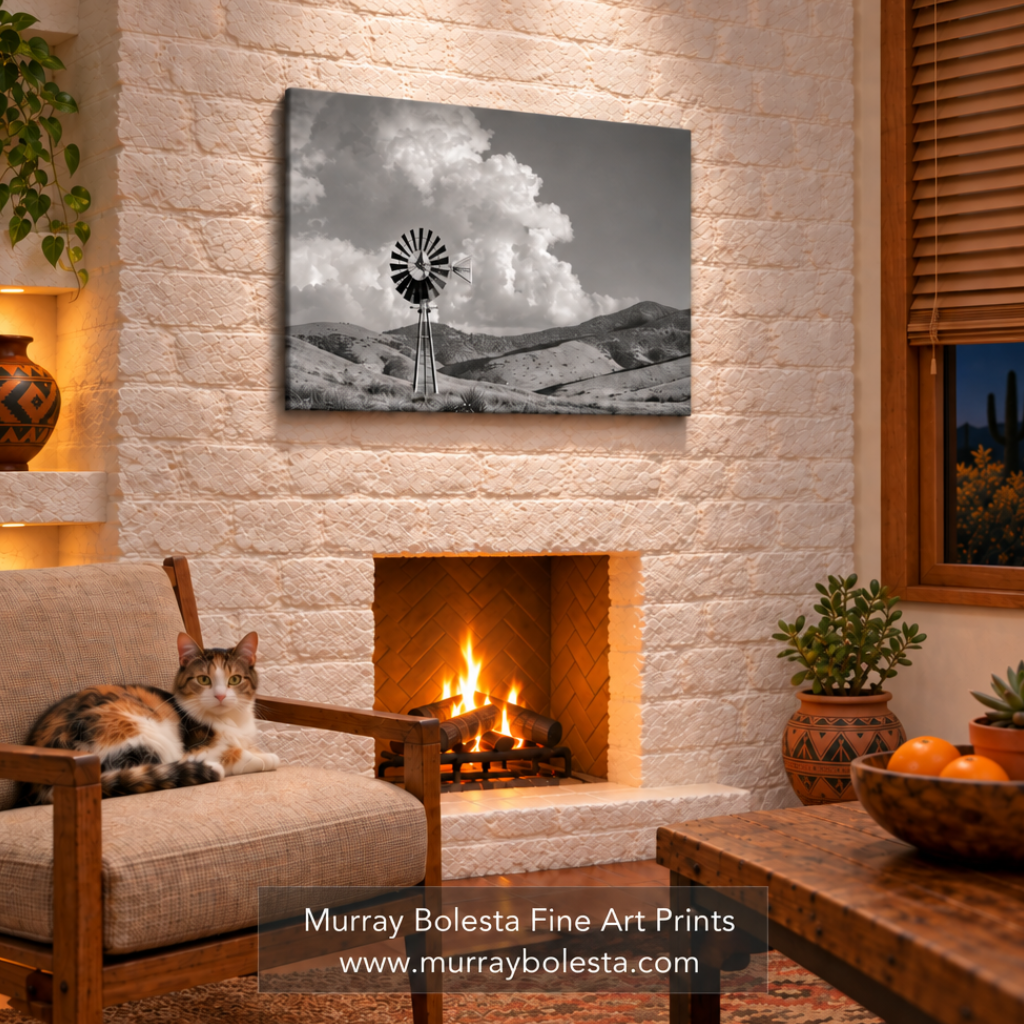 B&W san rafael valley arizona landscape with windmill and storm clouds by Murray Bolesta