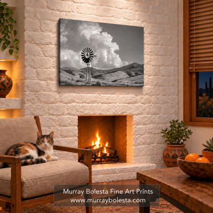 B&W san rafael valley arizona landscape with windmill and storm clouds by Murray Bolesta