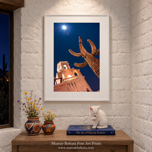 Mission San Xavier del Bac Tucson Arizona with Moon & Cactus, art by Murray Bolesta