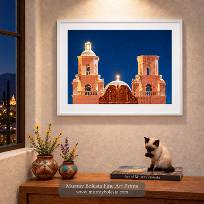 San Xavier Mission at Christmas night, art print by Murray Bolesta in Tucson Arizona