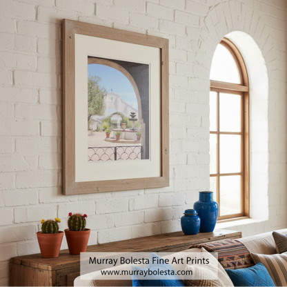 a serene courtyard with a fountain, potted plants, and a white building with a cross in the background. San Xavier Mission Painterly Art - Tucson Arizona Wall Print by Murray Bolesta
