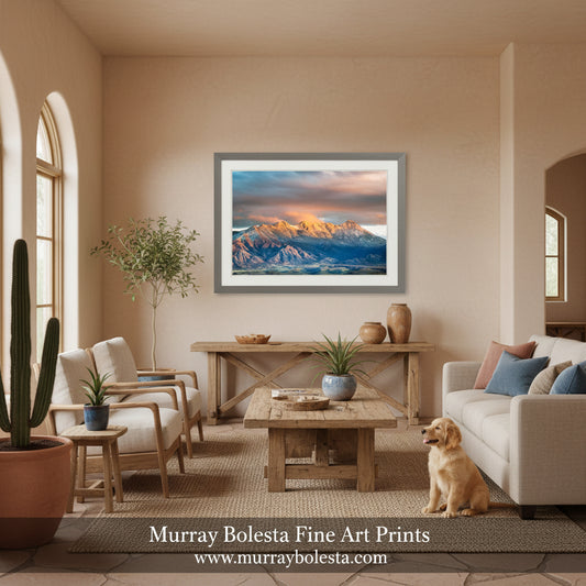 Santa Rita Mountains AZ. a breathtaking mountain range with snow-capped peaks bathed in warm, golden light, set against a dramatic sky with vibrant orange and pink clouds. Tucson Santa Rita Mountains Wall Art – Madera Canyon Print