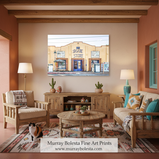 A framed wall art print depicting a western-style saloon storefront labeled 'SASABE STORE' is displayed above a wooden console in a styled living room. The room includes a sofa, armchair, coffee table, lamps, rug, and a cat on the floor.