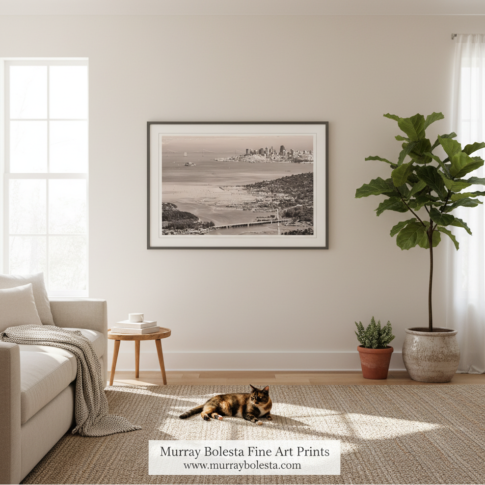 A framed black and white coastal cityscape art print hangs on a beige wall in a bright living room. A cat lies on a woven rug below, with a sofa, small side table, potted plant, and large fiddle-leaf fig nearby.