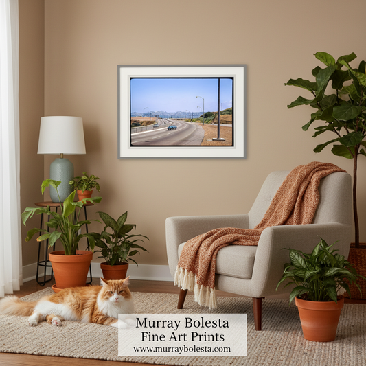 A framed fine art print of a highway scene with a blue car hanging on a beige wall in a styled living room. An orange and white cat lies on a rug nearby, with a cream armchair, throw blanket, potted plants, and a table lamp in the room.