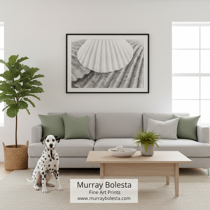 A framed black and white art print of a seashell hanging on a light gray wall above a modern gray sofa in a bright living room. A Dalmatian sits on the floor to the left, and a coffee table with plants is in front. By Murray Bolesta.