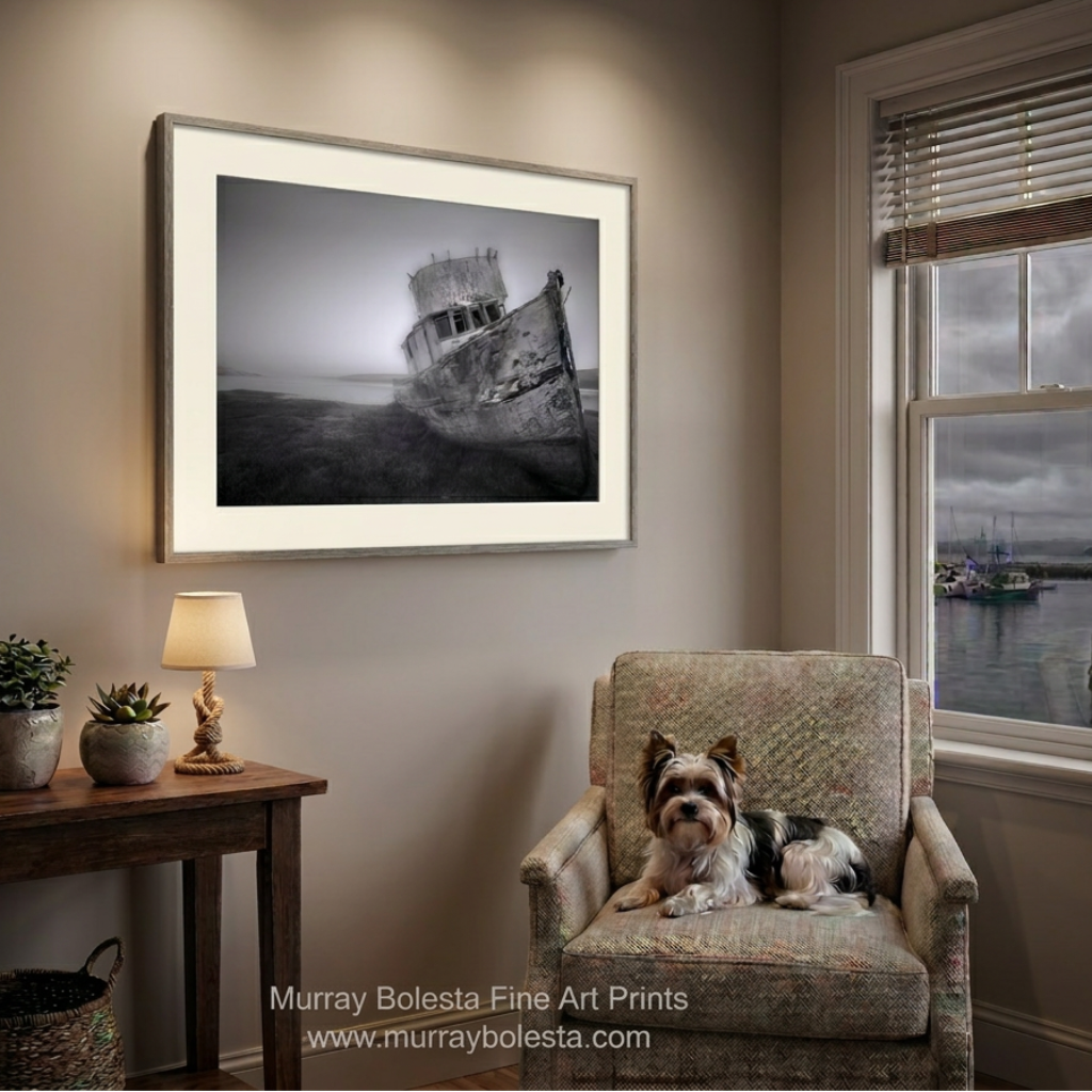 Tomales Bay fishing boat wreck, moody art by Murray Bolesta
