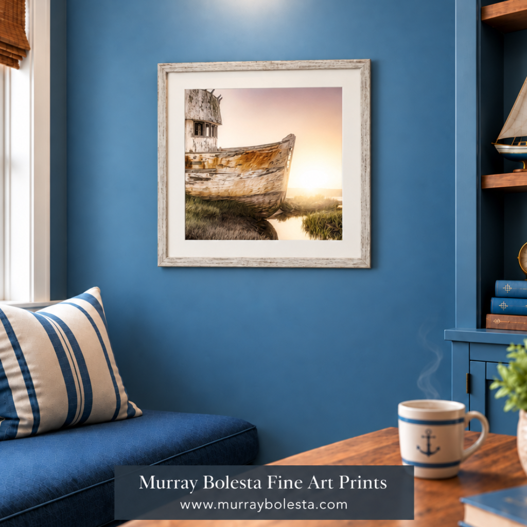 A framed art print of a weathered boat on a beach at sunset, displayed on a blue wall in a nautical-themed room with a sofa, shelf, and a mug in the foreground. Art by Murray Bolesta
