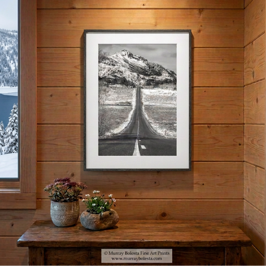 High Sierra Nevada Mountains winter highway road trip art in black & white, by Murray Bolesta!