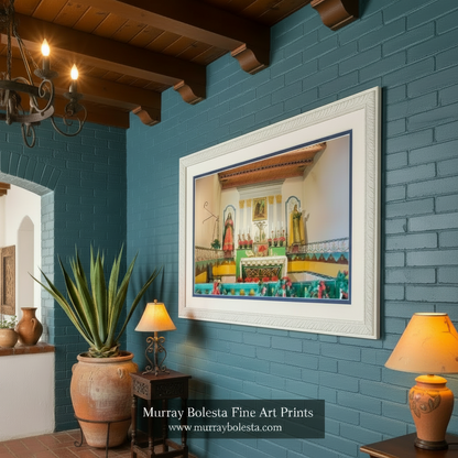 a colorful and ornate religious shrine with various religious symbols and decorations, including statues and candles. Mission Solano Church Interior Art - Sonoma California Print by Murray Bolesta