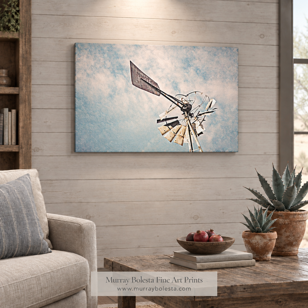 Southern Arizona windmill canvas with agave pots and pomegranates in a farmhouse living room by Murray Bolesta