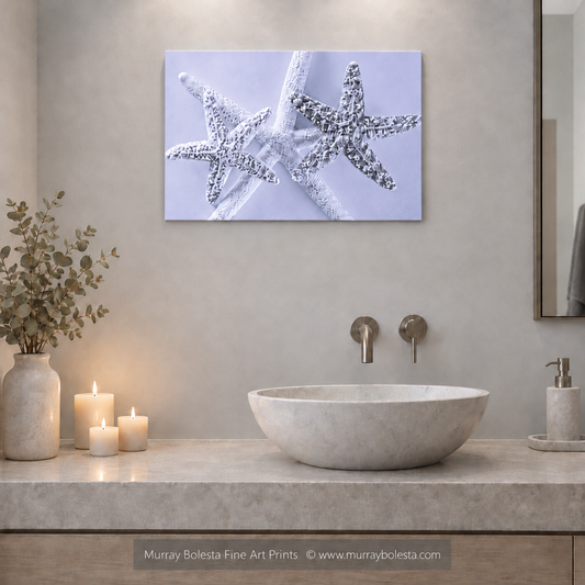 Starfish bathroom seashell art with blue Sea Stars by Murray Bolesta
