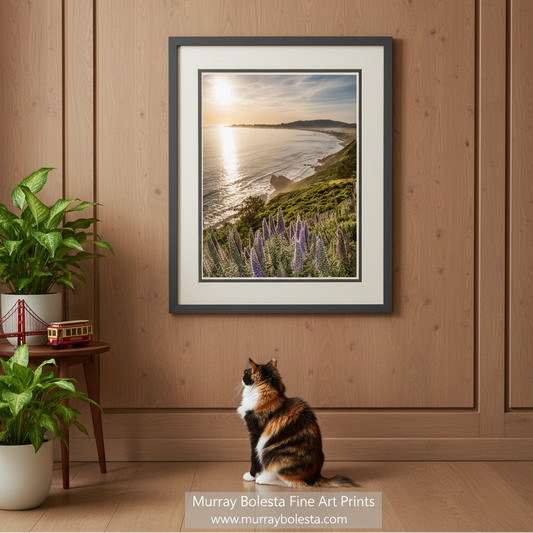 Stinson Beach California by Murray Bolesta! A framed landscape art print of a coastal beach at sunset with lavender flowers in the foreground, displayed on a wood-paneled wall above a cat sitting on a wooden floor. The print has a white mat and a dark gray frame.