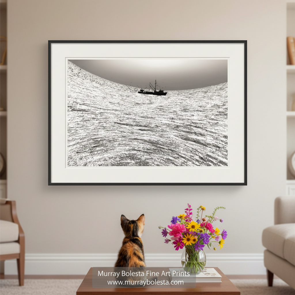 A surreal photograph of a boat sailing on a body of water, with a hazy sky in the background. Surreal Ocean Art Print | Block Island Fishing Boat Photography by Murray Bolesta