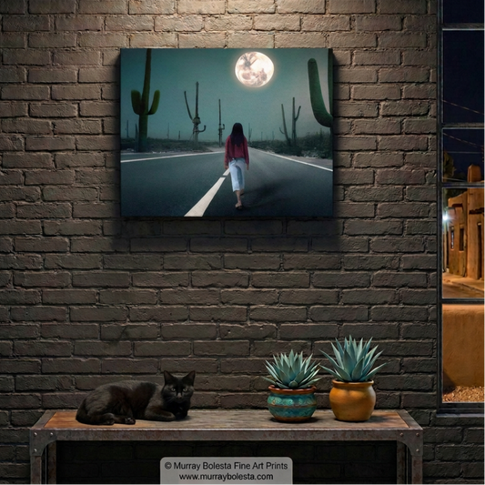 Surreal desert scene at night on highway with moon, art by Murray Bolesta