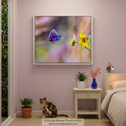 Swallowtail bedroom mockup with subtler artwork shadows and a warm headboard reading lamp