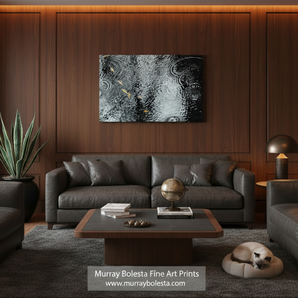 The image is a black and white abstract painting featuring a pattern of ripples and splashes, with a few gold leaves scattered throughout the composition. Sycamore Canyon Arizona art by Murray Bolesta!