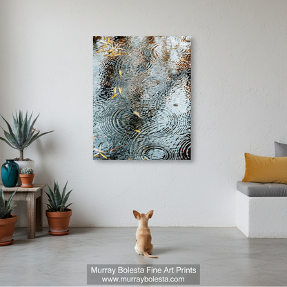 a tranquil scene of raindrops falling on a surface, creating a mesmerizing pattern of concentric circles and ripples. Sycamore Canyon Arizona wilderness art by Murray Bolesta!