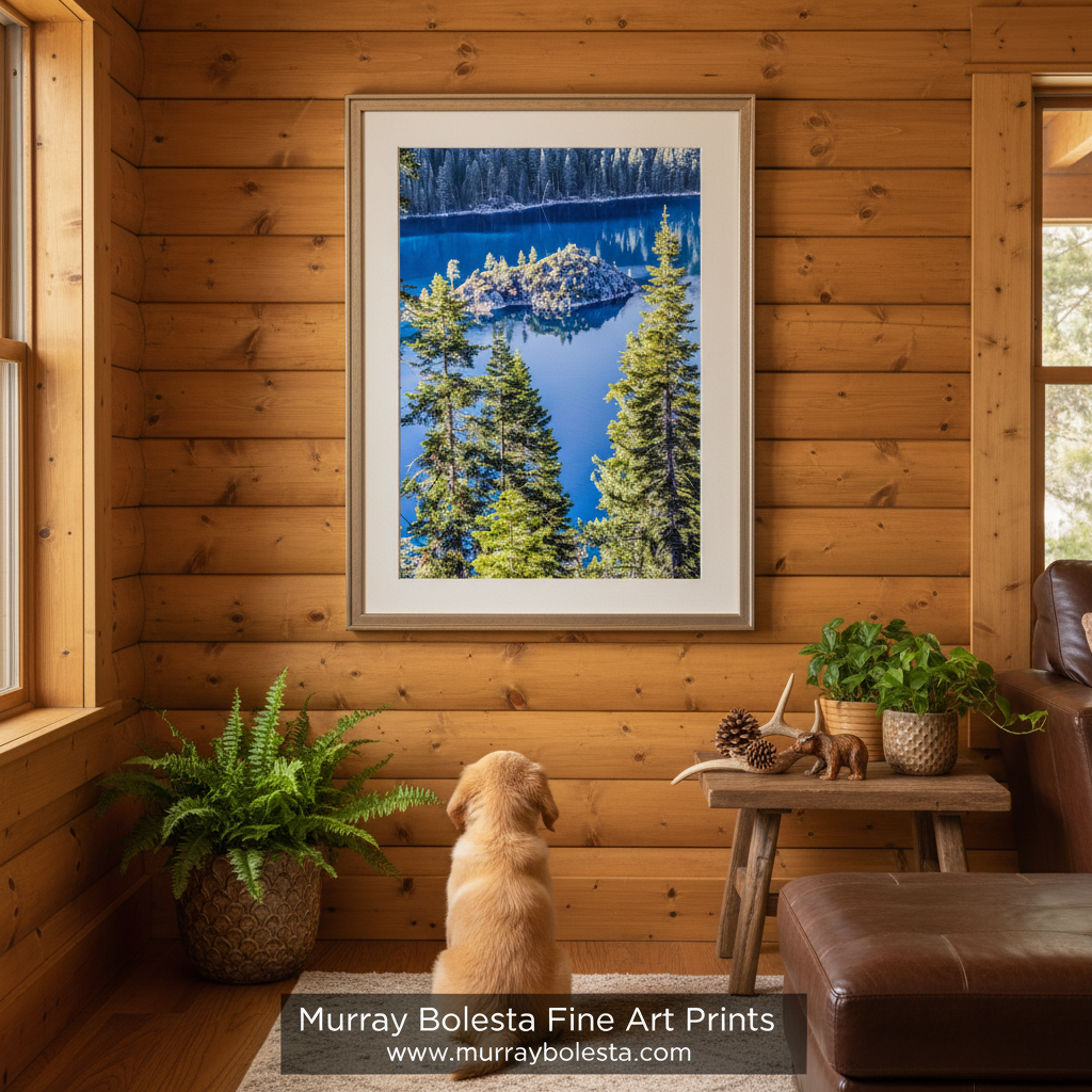 a serene lake surrounded by a forest of tall, green trees. The calm, blue lake reflects the lush, verdant forest, creating a tranquil and picturesque scene. Emerald Bay Lake Tahoe Landscape Wall Art | Vertical Photo Print by Murray Bolesta!