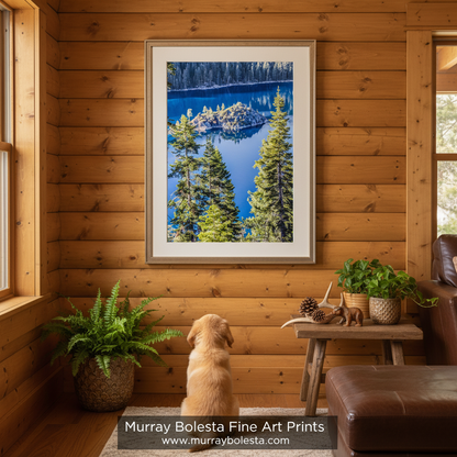 a serene lake surrounded by a forest of tall, green trees. The calm, blue lake reflects the lush, verdant forest, creating a tranquil and picturesque scene. Emerald Bay Lake Tahoe Landscape Wall Art | Vertical Photo Print by Murray Bolesta!