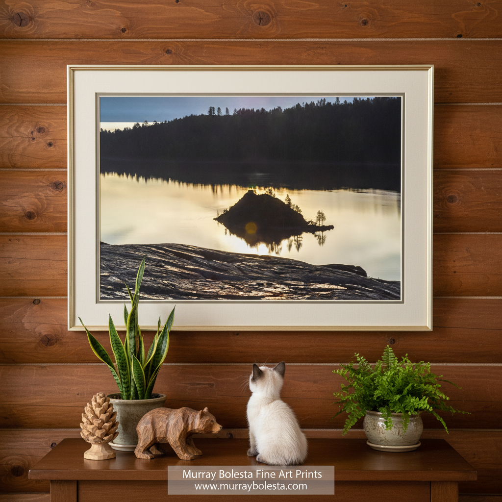 A serene lake surrounded by a forest, with a small island in the center reflecting the warm glow of the setting sun. Lake Tahoe Emerald Bay Wall Art | Peaceful Sierra Sunrise Landscape by Murray Bolesta!