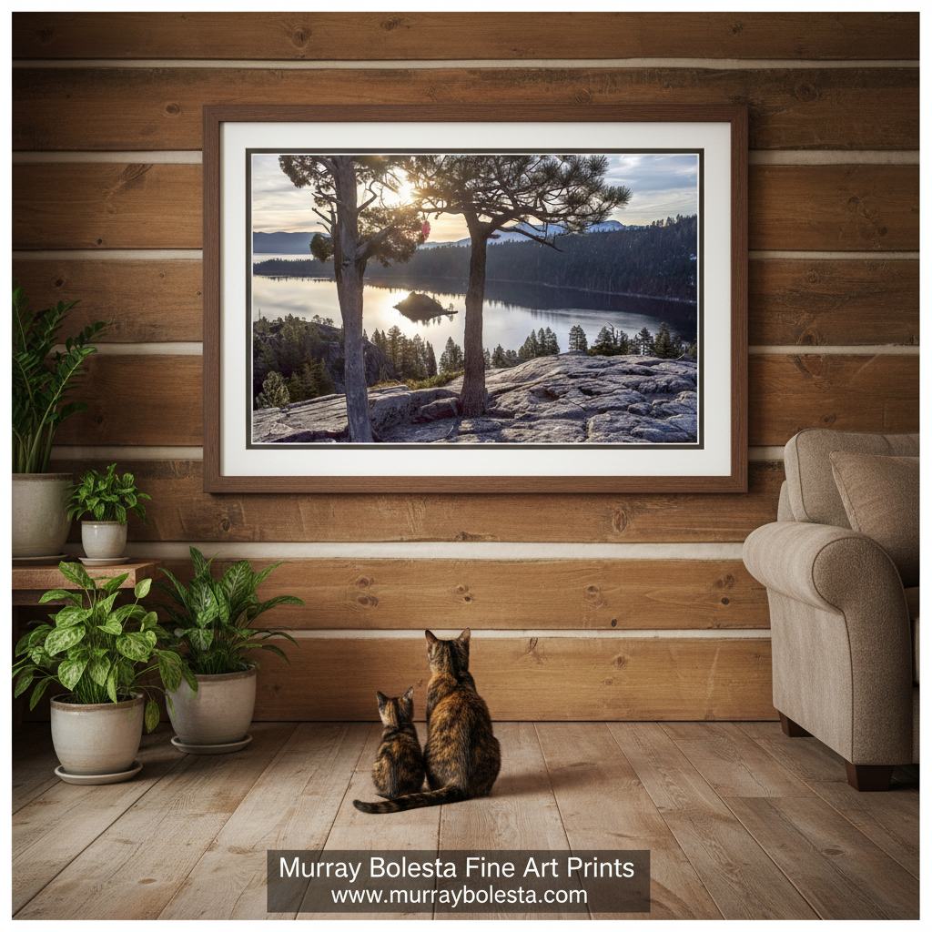 Lake Tahoe art by Murray Bolesta! A framed art print of a scenic lake landscape with trees and a sunset, displayed on a wood-paneled wall above two cats sitting on a wooden floor. The print has a white mat and a dark brown frame.