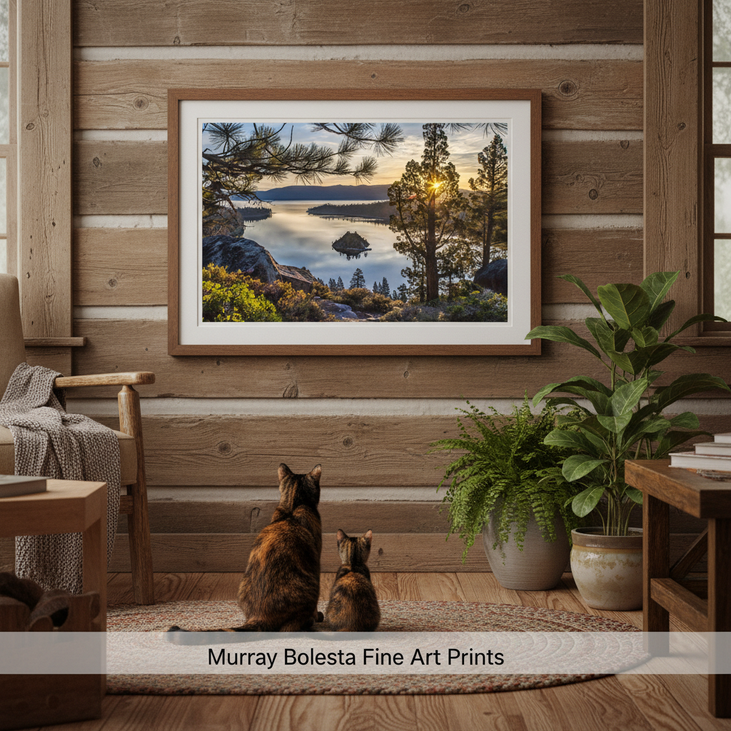 Lake Tahoe artwork! A framed landscape art print of a lake at sunset hangs on a rustic wood-paneled wall above two cats sitting on a rug, with potted plants and furniture in the room. Text at the bottom reads 'Murray Bolesta Fine Art Prints'.