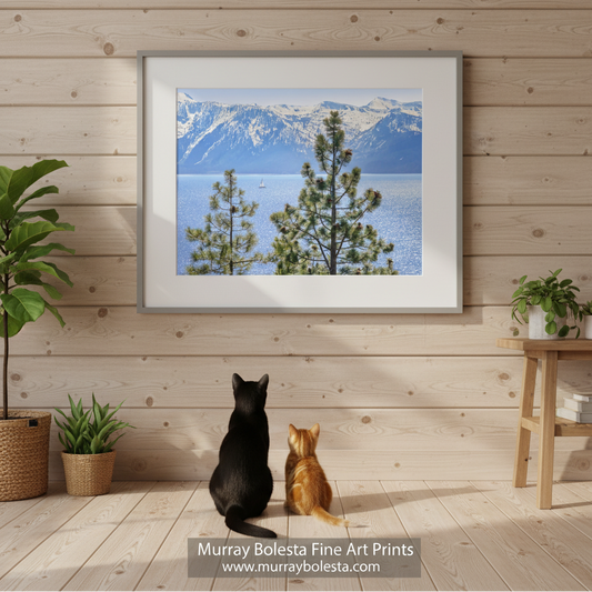 Lake Tahoe art by Murray Bolesta - a serene landscape with a mountain range in the background and a body of water in the foreground, featuring a sailboat on the water. 