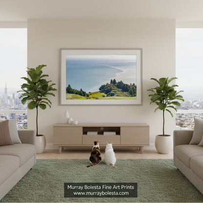 Mount Tamalpais and Farallon Islands by Murray Bolesta! A framed landscape art print of a coastal bay and green hills hangs on a beige wall in a modern living room. Two cats are sitting on the floor in front of the console, flanked by two potted fiddle-leaf fig plants.