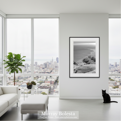 Mount Tamalpais California! A framed black and white landscape photograph of a coastal cliff and bay, displayed on a white wall in a modern, sunlit living room with a sofa, ottoman, potted plant, and a black cat sitting nearby. The text 'Murray Bolesta Fine Art Prints"