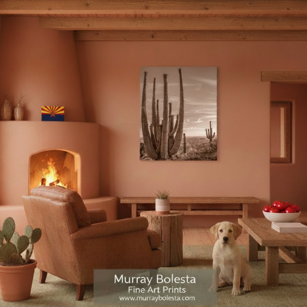 A framed black and white cactus art print hangs on a terracotta-colored wall in a rustic, modern living room with a leather armchair, wooden coffee table, and a yellow Labrador retriever sitting on the floor. A watermark at the bottom reads 'Murray Bolesta Fine Art Prints'.
