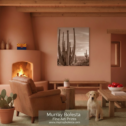 A framed black and white cactus art print hangs on a terracotta-colored wall in a rustic, modern living room with a leather armchair, wooden coffee table, and a yellow Labrador retriever sitting on the floor. A watermark at the bottom reads 'Murray Bolesta Fine Art Prints'.