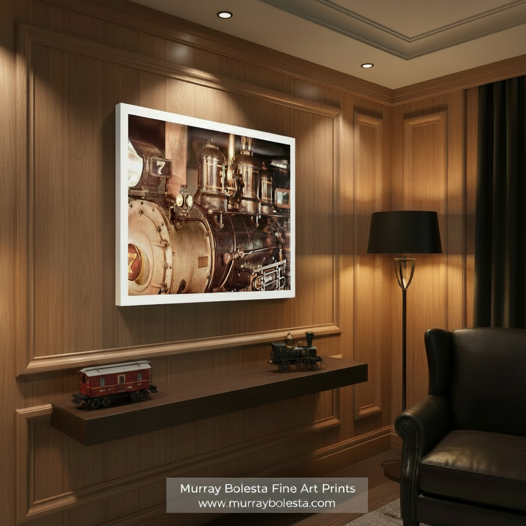 a vintage steam locomotive, showcasing its intricate design and mechanical components. Steam Train Locomotive Photo at Tilden Park – Oakland California by Murray Bolesta