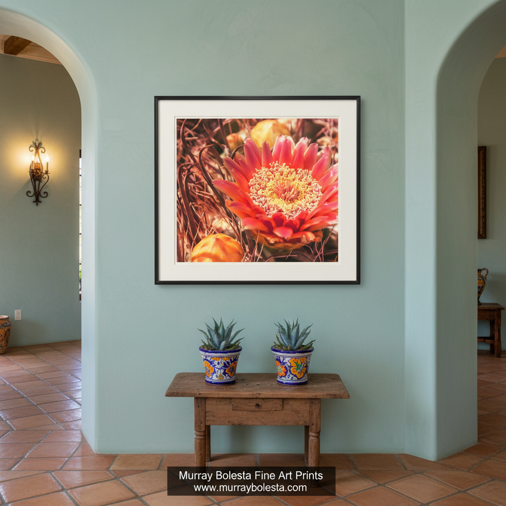 A vibrant red cactus flower with a yellow center is the focal point of the image, surrounded by other cactus flowers and plants. Cactus Flower Photography Wall Art with Desert Barrel Cactus by Murray Bolesta