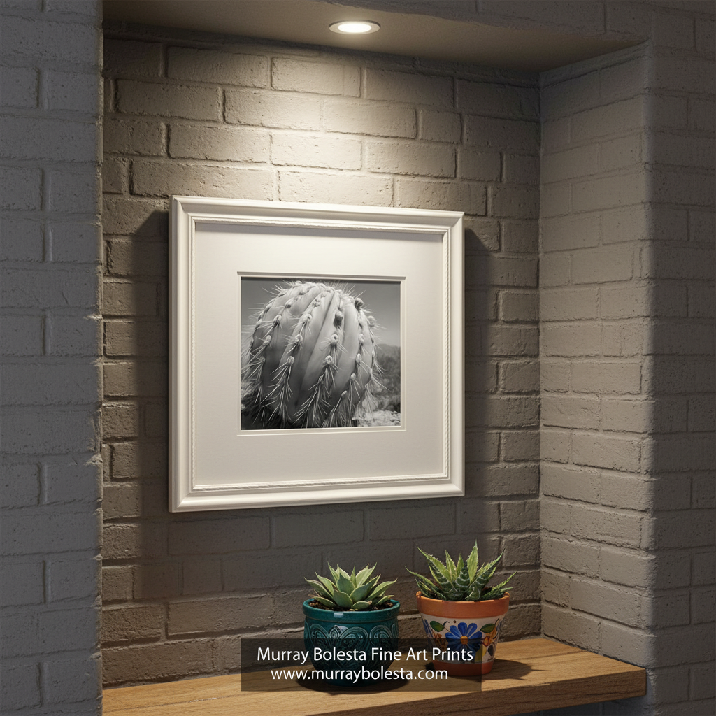 A close-up black and white photograph of a cactus plant with numerous spines and small flowers. Unique Desert Cactus | Black & White Southwestern Wall Art Print by Murray Bolesta