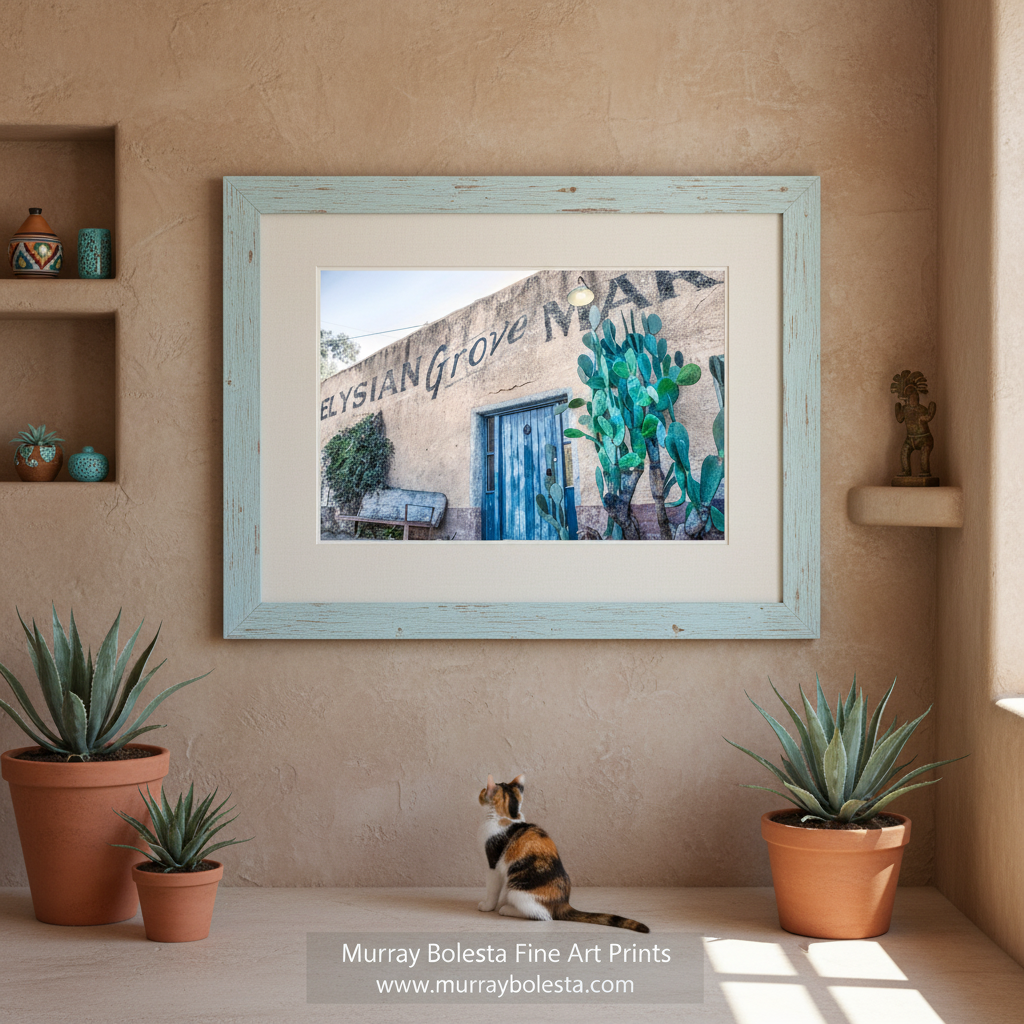 A photograph of a building with 'ELYSIAN GROVE MARKET' written on it, featuring a blue door and a large cactus in front. Tucson Arizona art by Murray Bolesta!