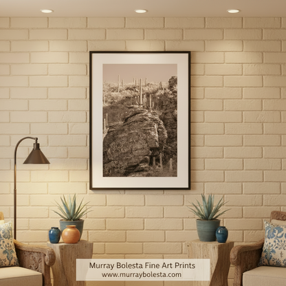 A black and white photograph of a rocky cliff with numerous cacti growing on it, set against a hazy sky. Tucson Desert Canyon Art | Catalina Mountains Landscape Photography by Murray Bolesta